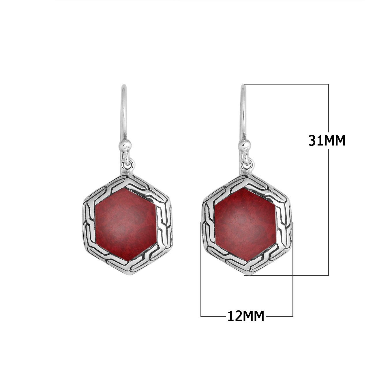 Sterling Silver Red Coral hexagon frame earrings with Earwire and polished finish for wholesale jewelry collections.