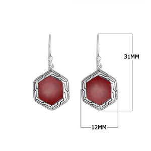 Sterling Silver Red Coral hexagon frame earrings with Earwire and polished finish for wholesale jewelry collections.