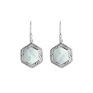 Sterling Silver Mother of Pearl hexagon frame earrings with Earwire and polished silver finish for wholesale jewelry collections.