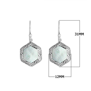 Sterling Silver Mother of Pearl hexagon frame earrings with Earwire and polished silver finish for wholesale jewelry collections.