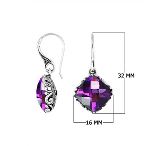 Sterling Silver Amethyst Quartz faceted cushion earrings with detailed silver frame and Earwire for wholesale collections.