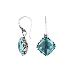 Sterling Silver Blue Topaz Quartz faceted cushion earrings with ornate silver frame and Earwire for wholesale jewelry.