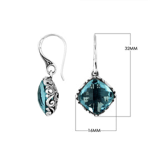 Sterling Silver London Blue Topaz Quartz cushion earrings with ornate silver pattern and Earwire for wholesale jewelry.