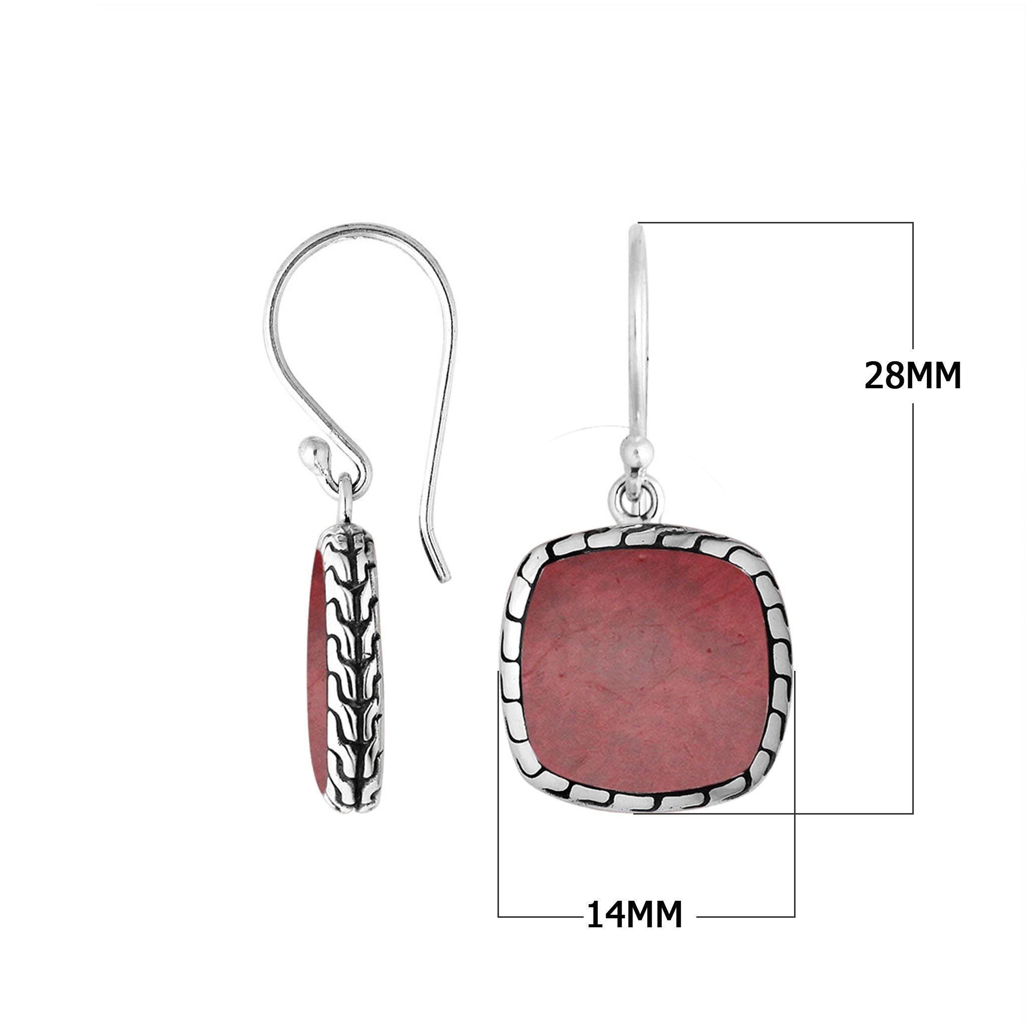 Silver cushion earrings with Red Coral and textured border