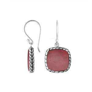 Silver cushion earrings with Red Coral and textured border