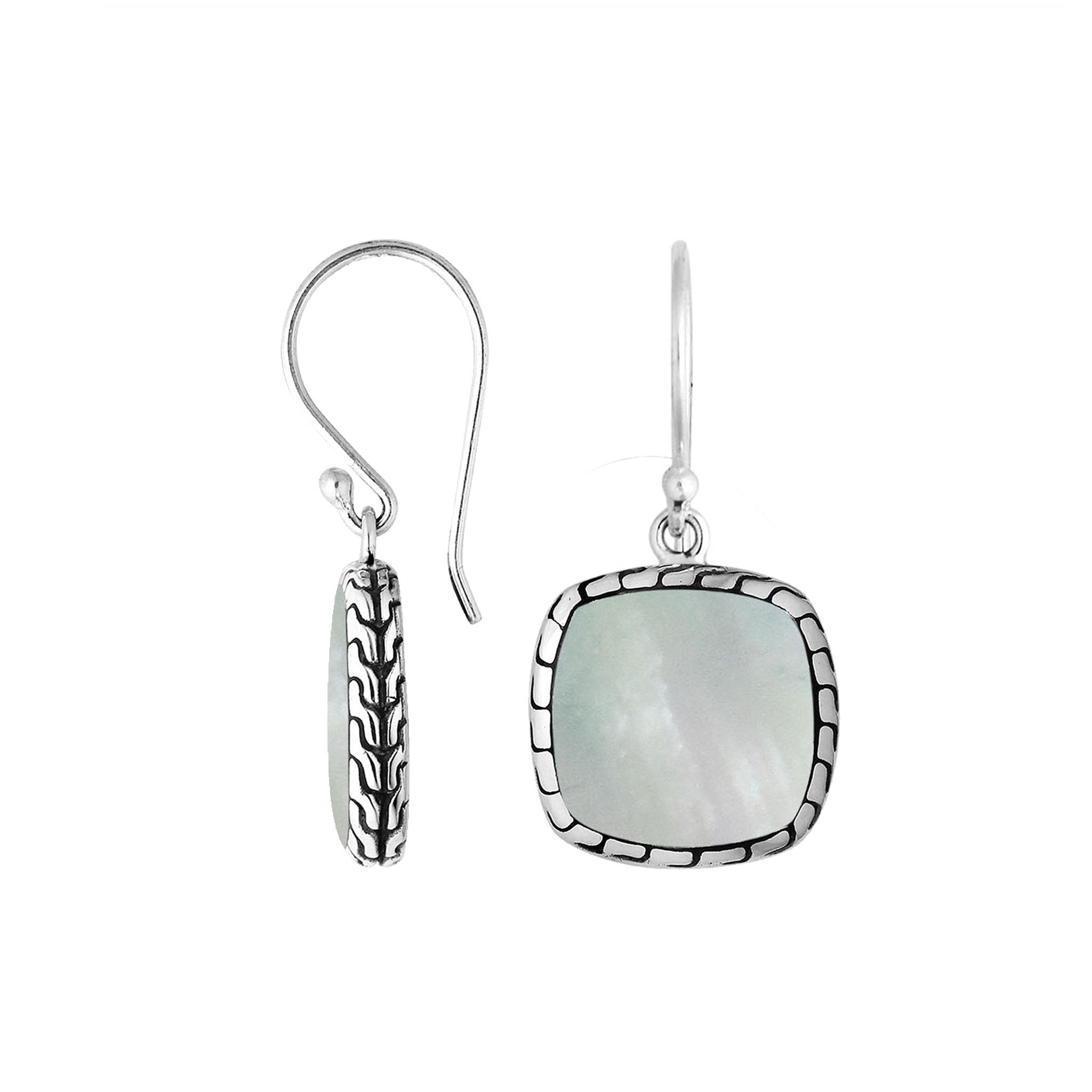 Silver cushion earrings with Mother Of Pearl and textured border