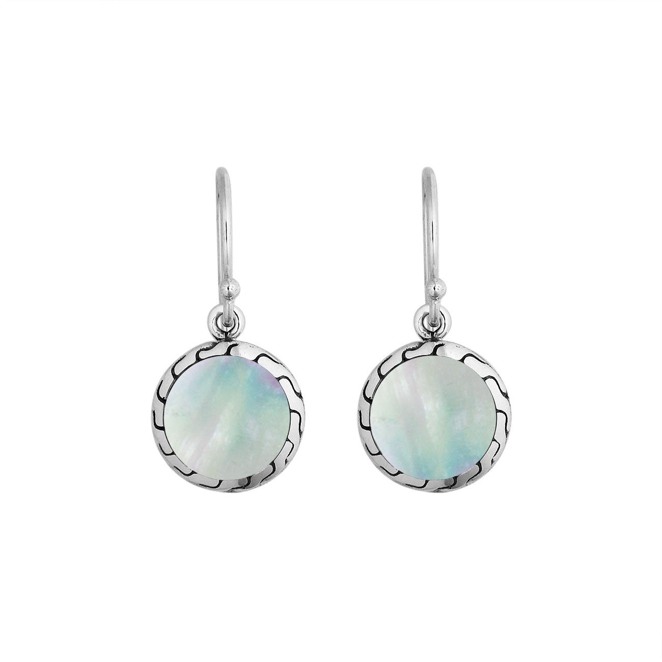 Sterling Silver Mother of Pearl round earrings with patterned silver frame and Earwire for wholesale jewelry.