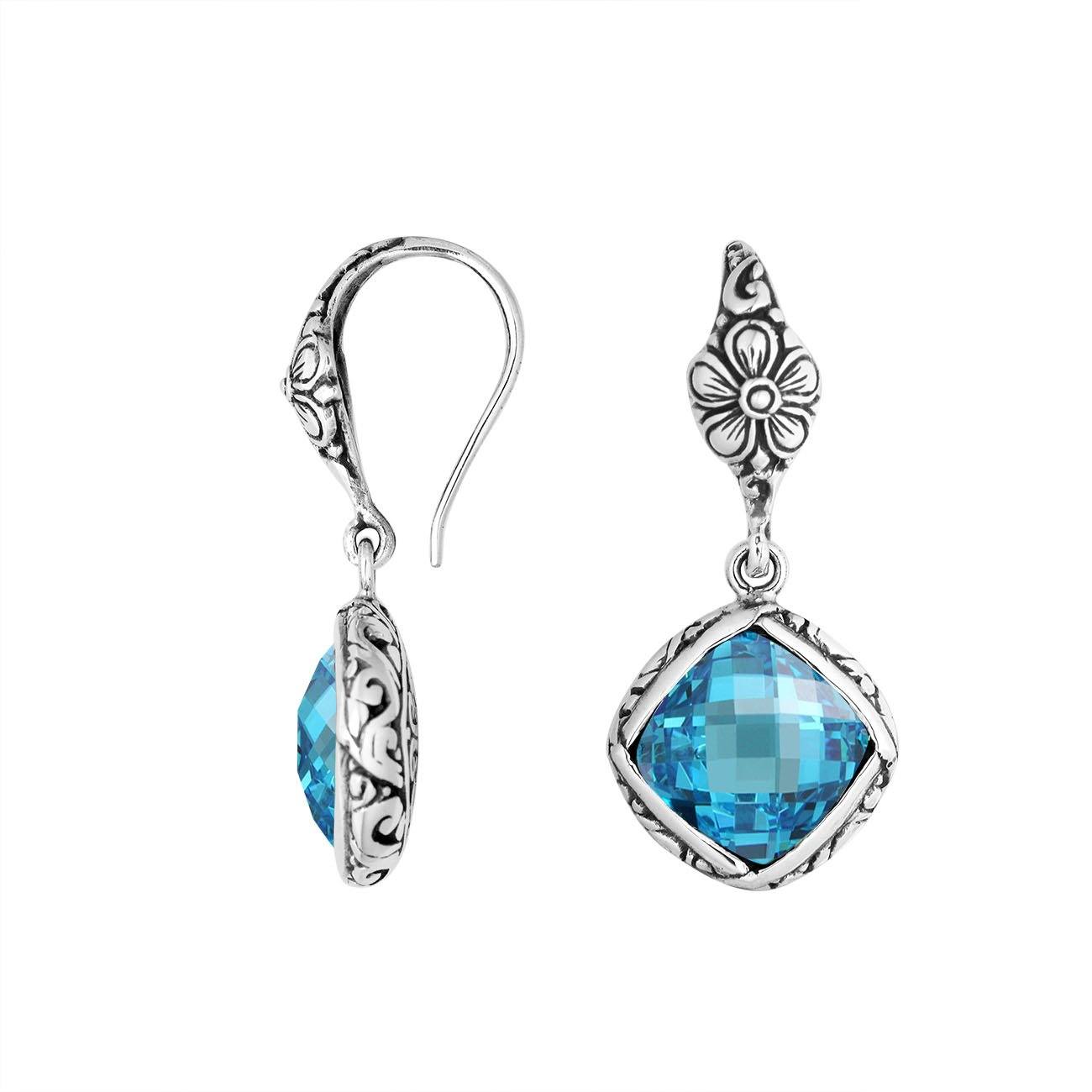 Sterling silver Blue Topaz Quartz earrings with intricate floral design for wholesale collection.