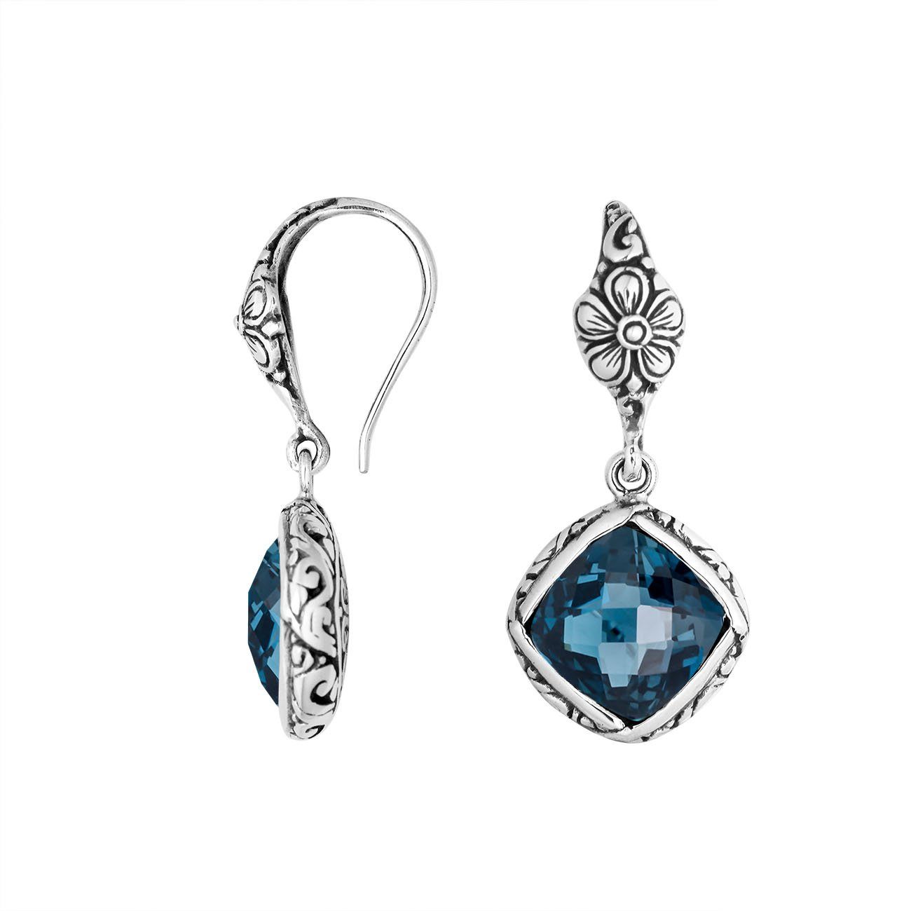 Sterling silver London Blue Topaz Quartz earrings with floral detailing for wholesale collection.