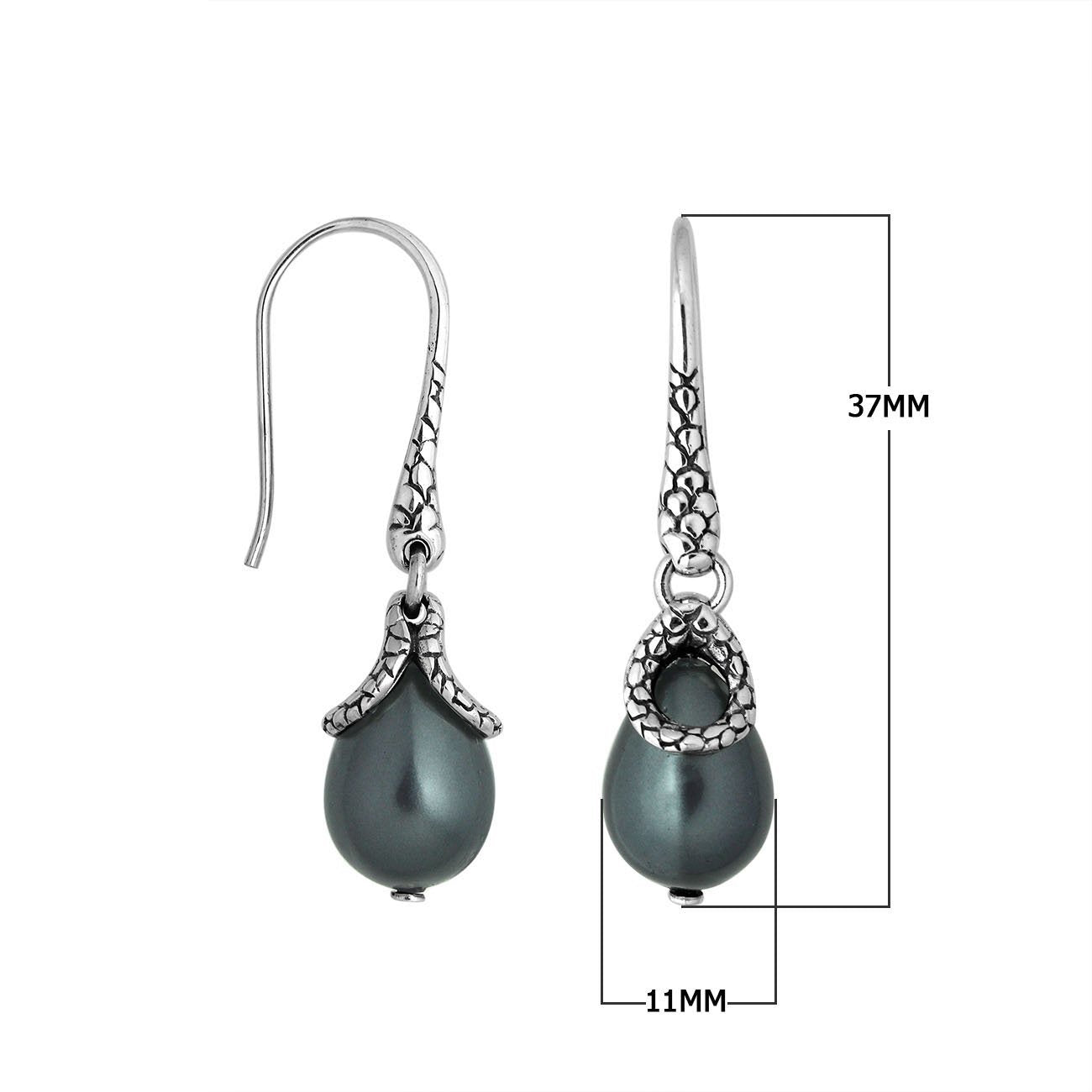 Sterling silver Dark Pearl earrings with teardrop design and polished finish for wholesale collection.