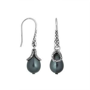 Sterling silver Dark Pearl earrings with teardrop design and polished finish for wholesale collection.