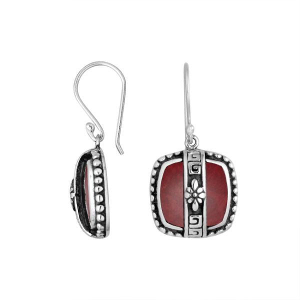 Sterling silver Red Coral earrings with square design and floral silver detailing for wholesale collection.