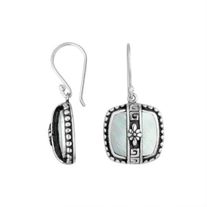 Sterling silver Mother Of Pearl earrings with square design and floral silver detailing for wholesale collection.