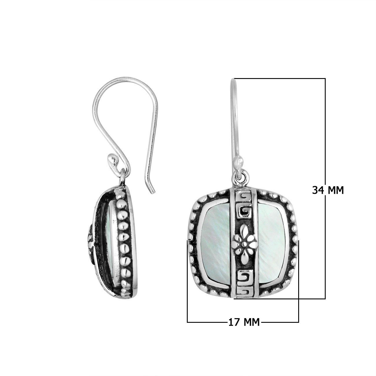 Sterling silver Mother Of Pearl earrings with square design and floral silver detailing for wholesale collection.