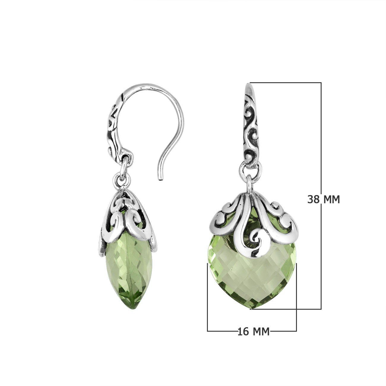 Sterling silver Green Amethyst Quartz earrings with faceted teardrop design and ornate silver scrollwork for wholesale collection.
