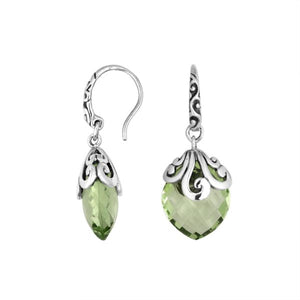 Sterling silver Green Amethyst Quartz earrings with faceted teardrop design and ornate silver scrollwork for wholesale collection.
