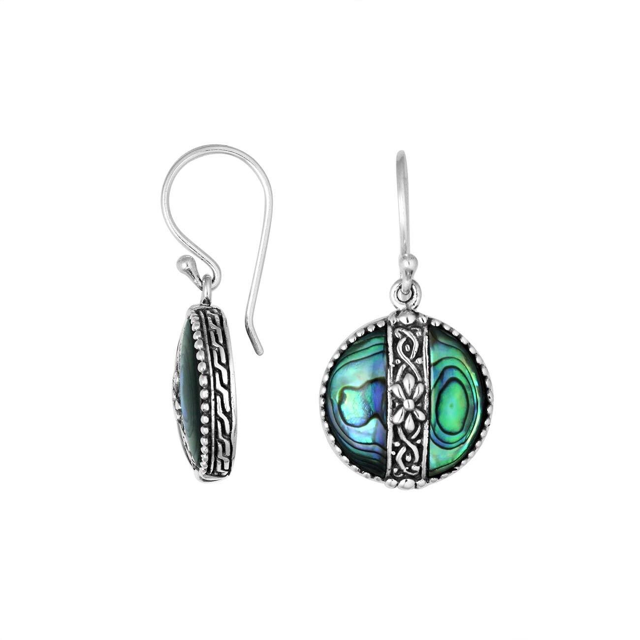 Sterling silver Abalone Shell earrings with round design and floral silver center strip for wholesale collection.