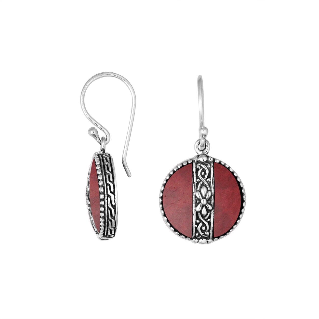 Sterling silver Red Coral earrings with round design and floral silver center strip for wholesale collection.