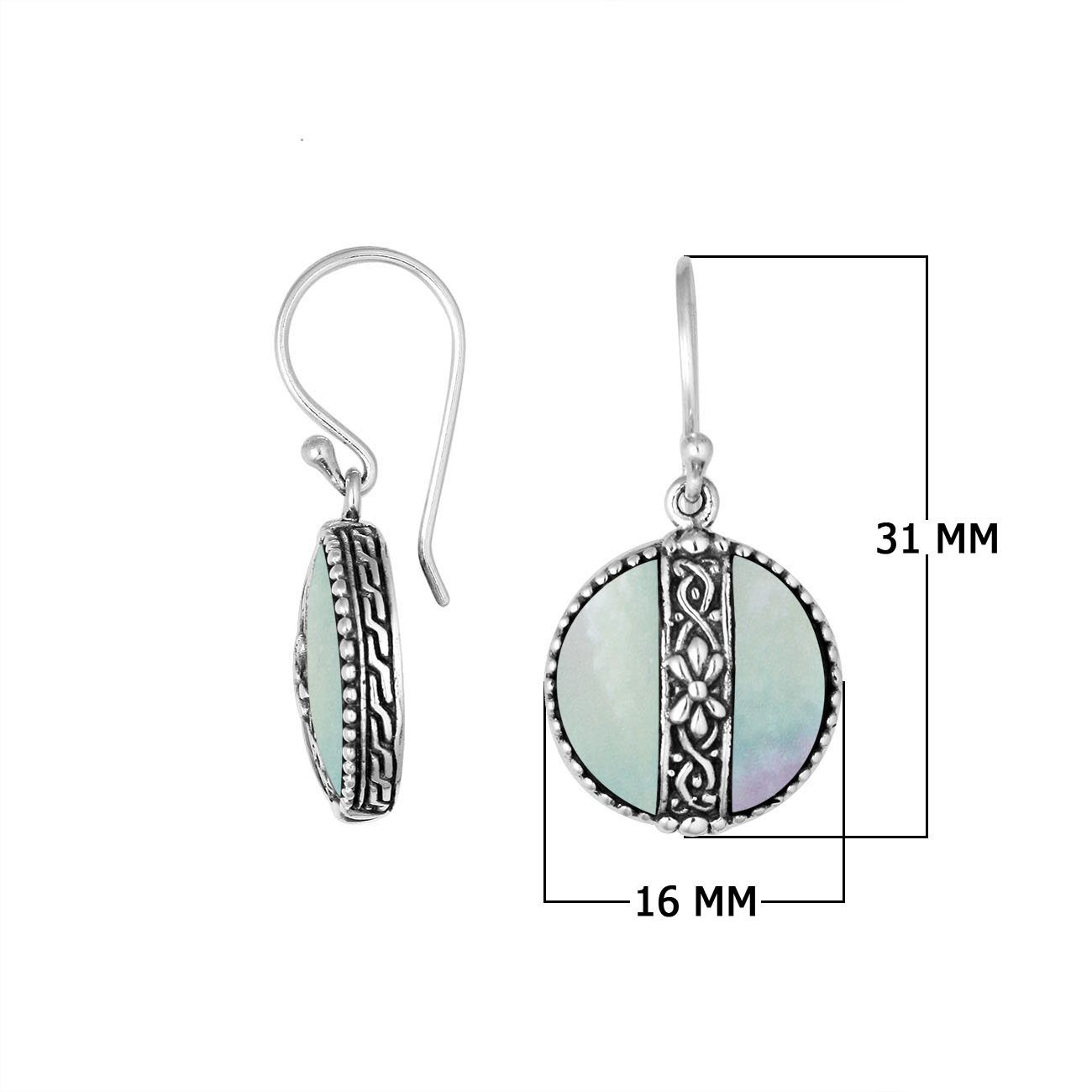 Sterling silver Mother Of Pearl earrings with round design and floral silver center strip for wholesale collection.