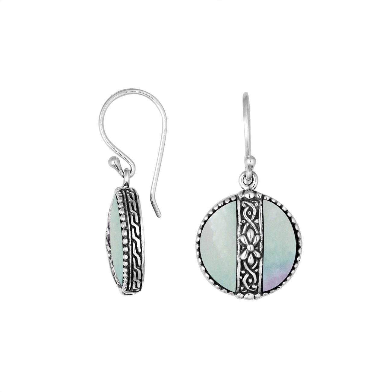 Sterling silver Mother Of Pearl earrings with round design and floral silver center strip for wholesale collection.