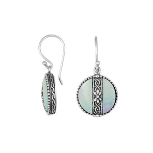 Sterling silver Mother Of Pearl earrings with round design and floral silver center strip for wholesale collection.