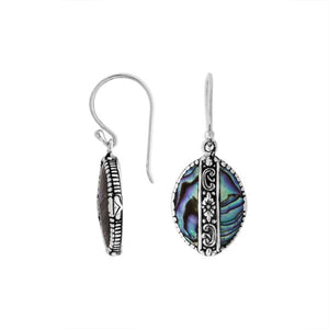 Sterling silver Abalone Shell oval earrings with floral silver center band for wholesale jewelry collection.
