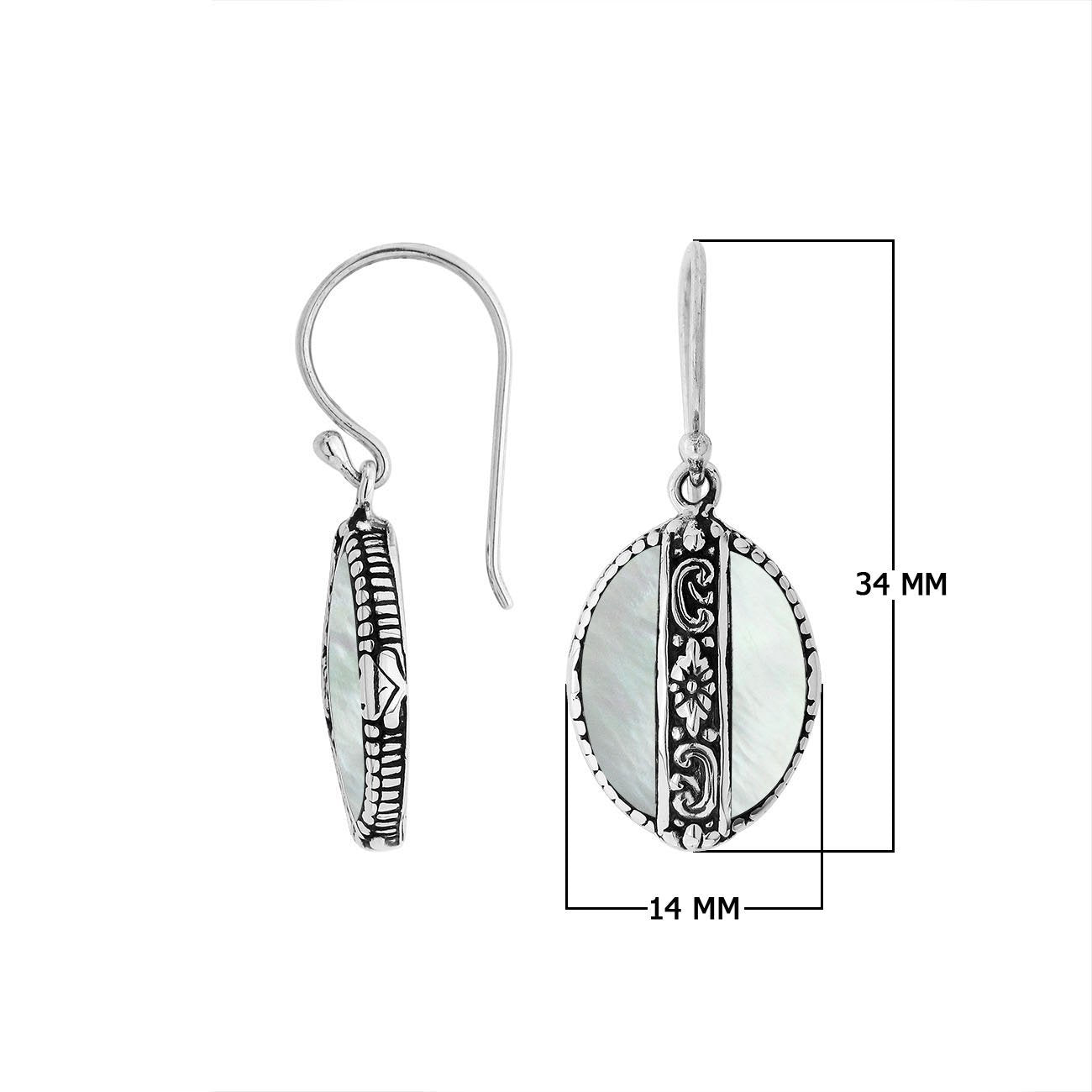 Sterling silver Mother Of Pearl oval earrings with floral silver center band for wholesale jewelry collection.