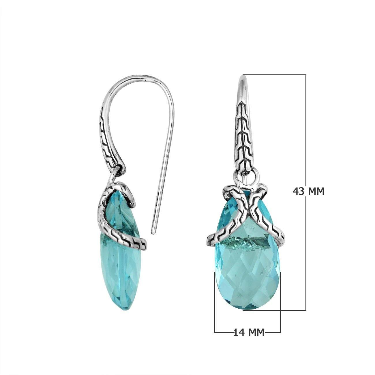 Sterling silver Blue Topaz Quartz drop earrings with woven silver detailing for wholesale jewelry collections.