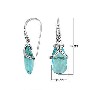 Sterling silver Blue Topaz Quartz drop earrings with woven silver detailing for wholesale jewelry collections.