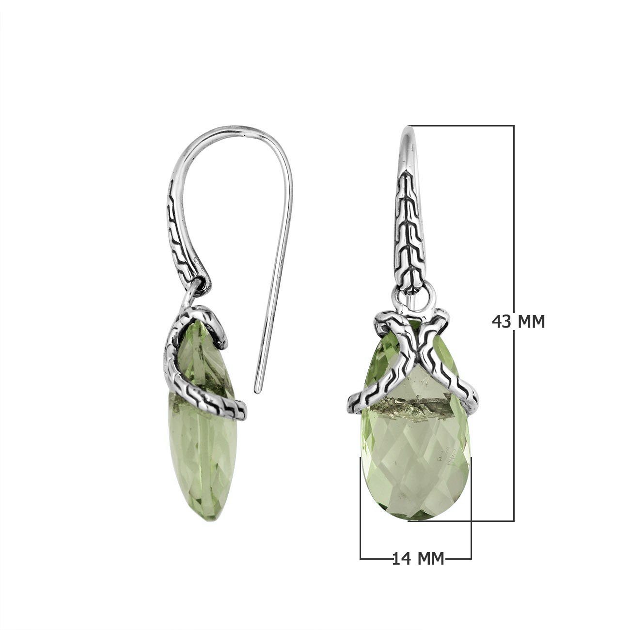 Sterling silver Green Amethyst Quartz drop earrings with woven silver detailing for wholesale jewelry collections.
