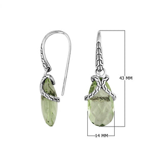 Sterling silver Green Amethyst Quartz drop earrings with woven silver detailing for wholesale jewelry collections.