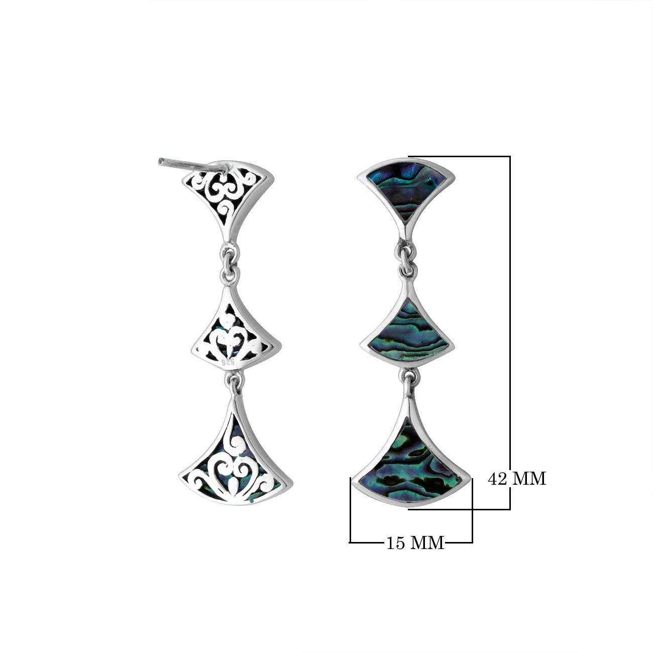 Sterling silver Abalone Shell three-section drop earrings with filigree design and post clip lock for wholesale jewelry collections.
