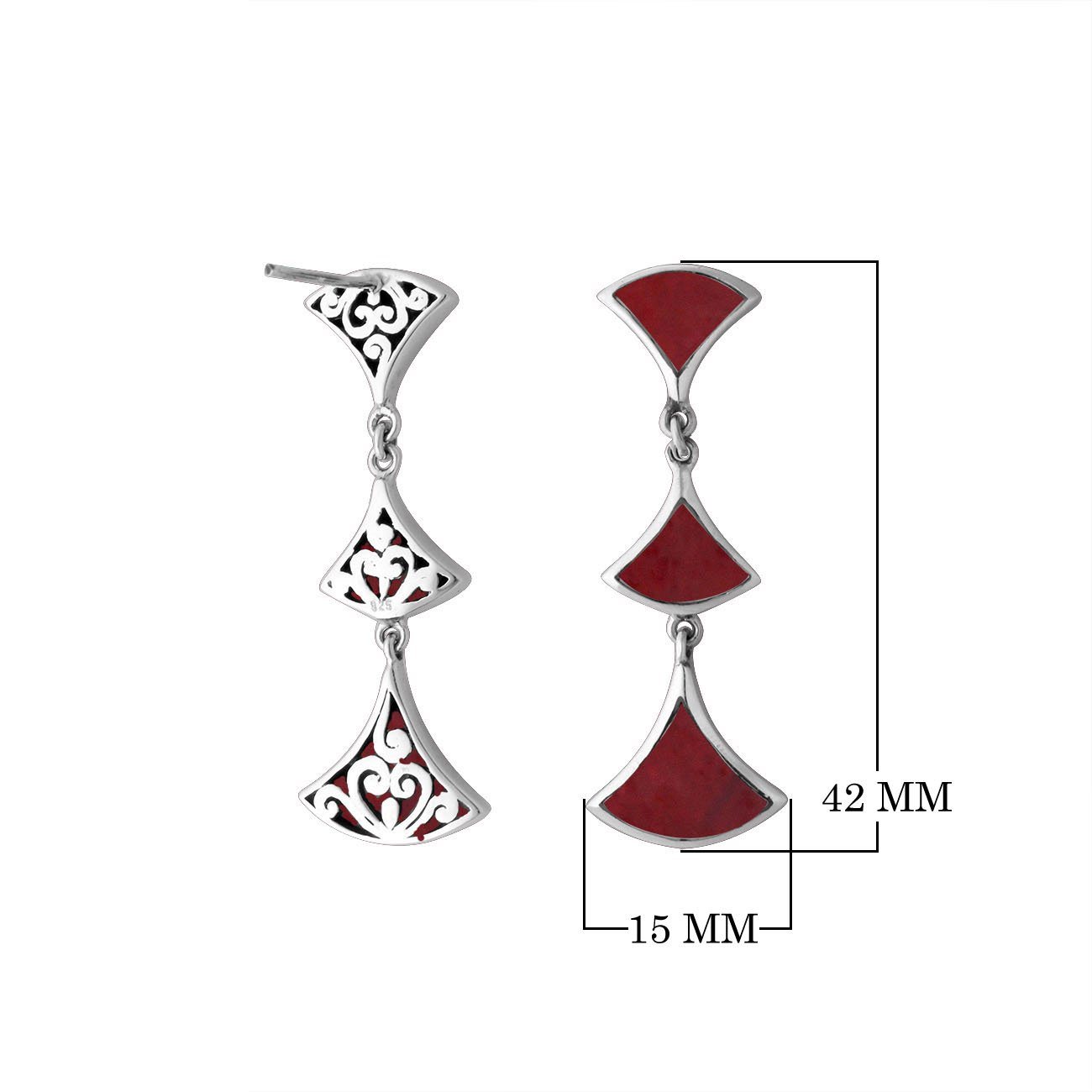 Sterling silver Red Coral drop earrings with elegant filigree design and post clip lock for wholesale jewelry collections.