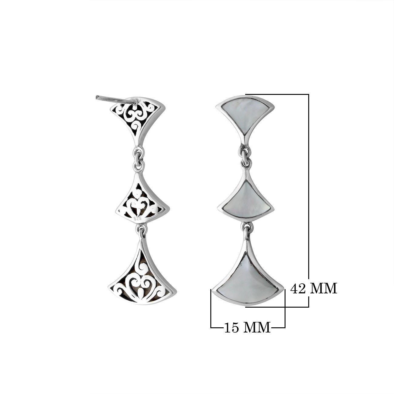 Sterling silver Mother of Pearl drop earrings with filigree design and post clip lock for wholesale jewelry collections.