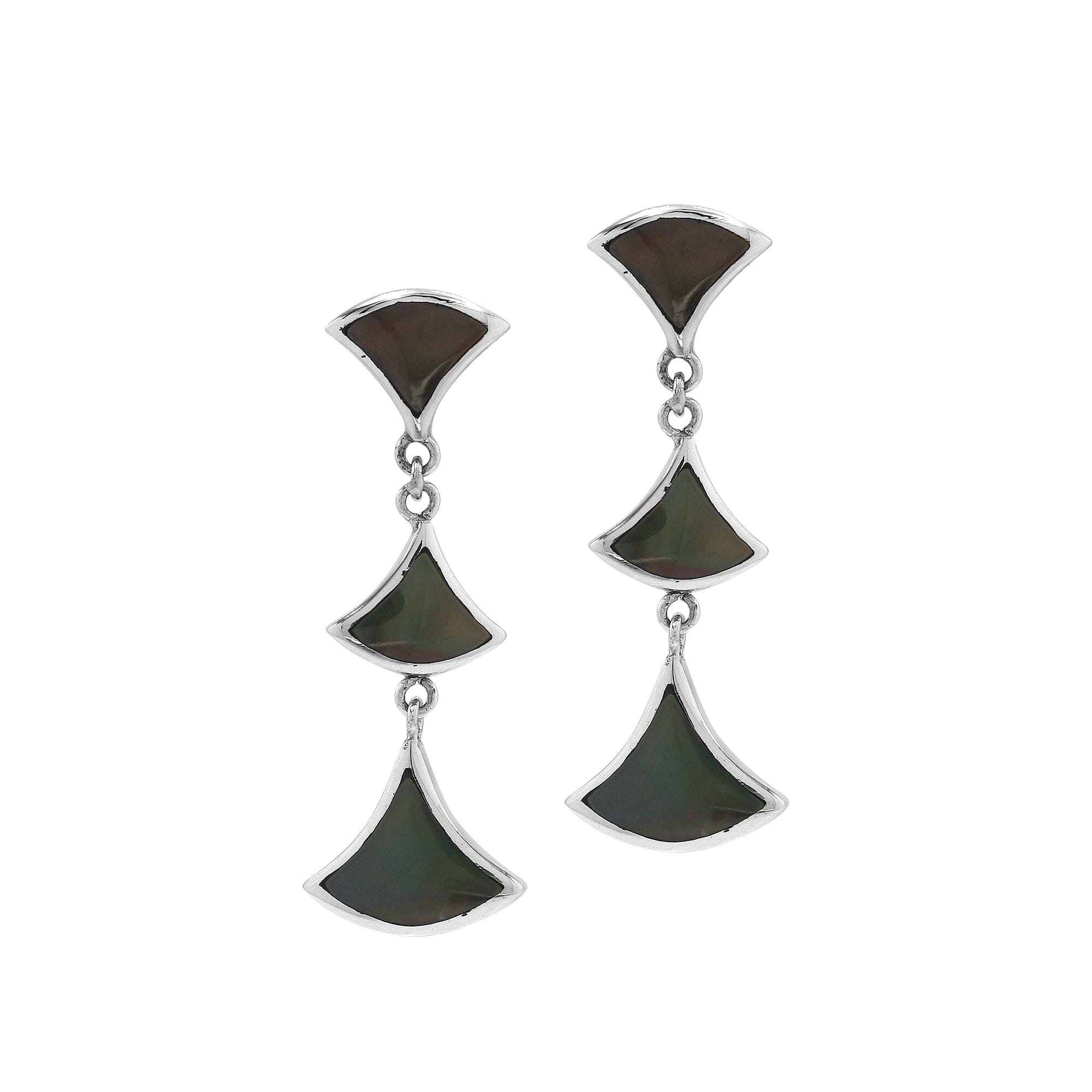 Sterling silver Black Shell three-section fan drop earrings with post clip lock for wholesale jewelry collections.
