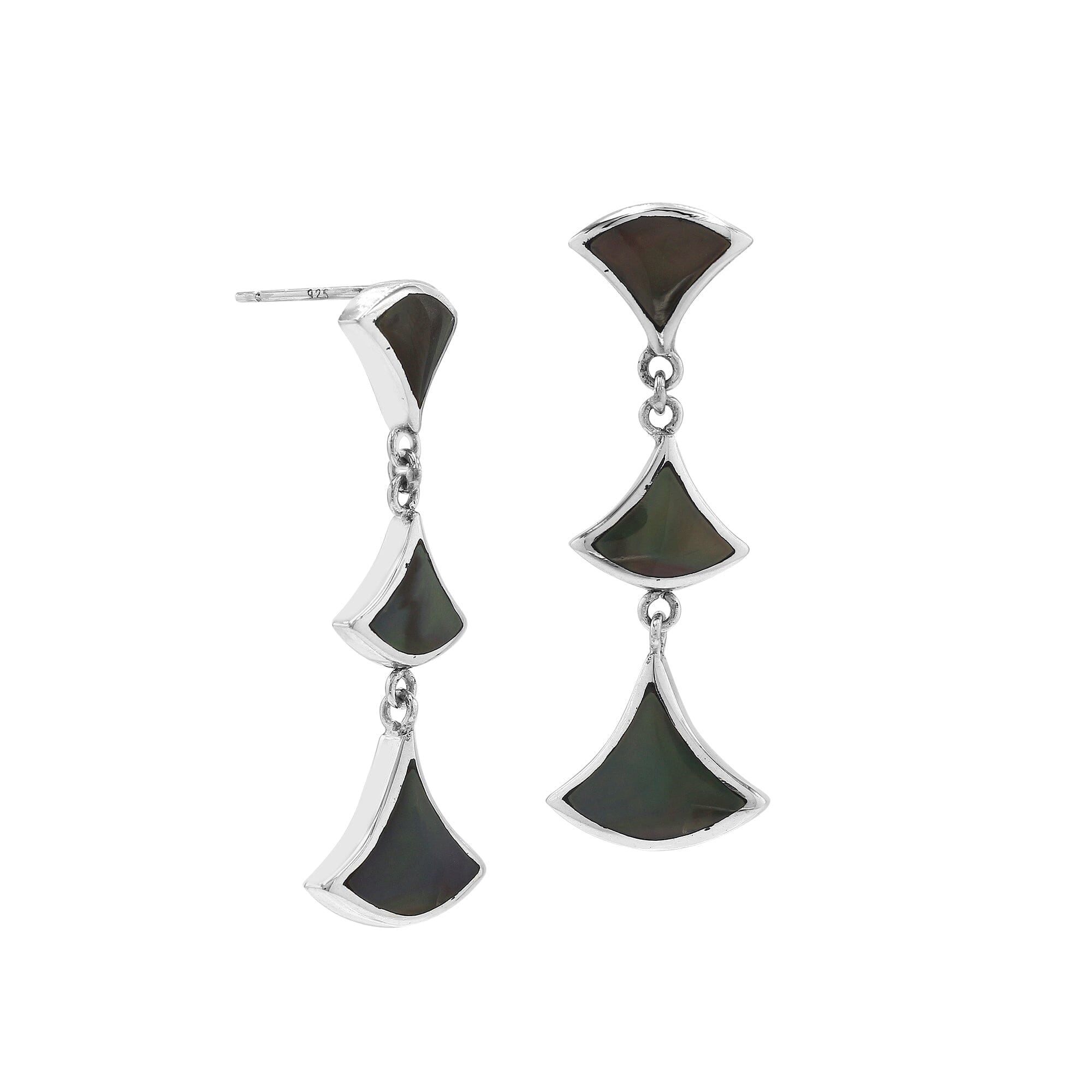 Sterling silver Black Shell three-section fan drop earrings with post clip lock for wholesale jewelry collections.