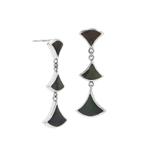 Sterling silver Black Shell three-section fan drop earrings with post clip lock for wholesale jewelry collections.