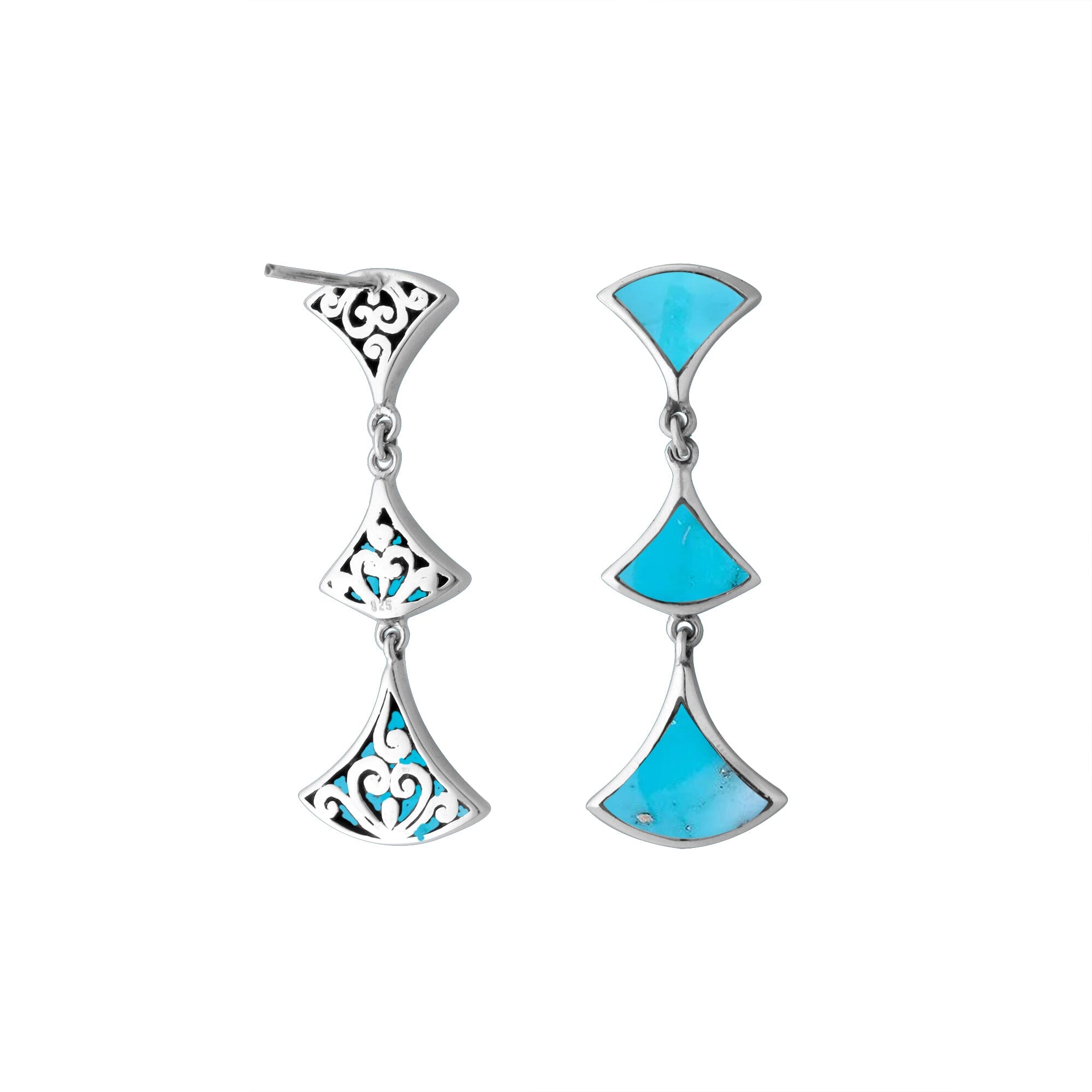 Sterling silver Turquoise Shell drop earrings with filigree design and post clip lock for wholesale jewelry collections.