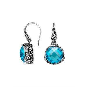 Sterling silver Blue Topaz Quartz earrings with floral detailing and earwire lock for wholesale jewelry collections.