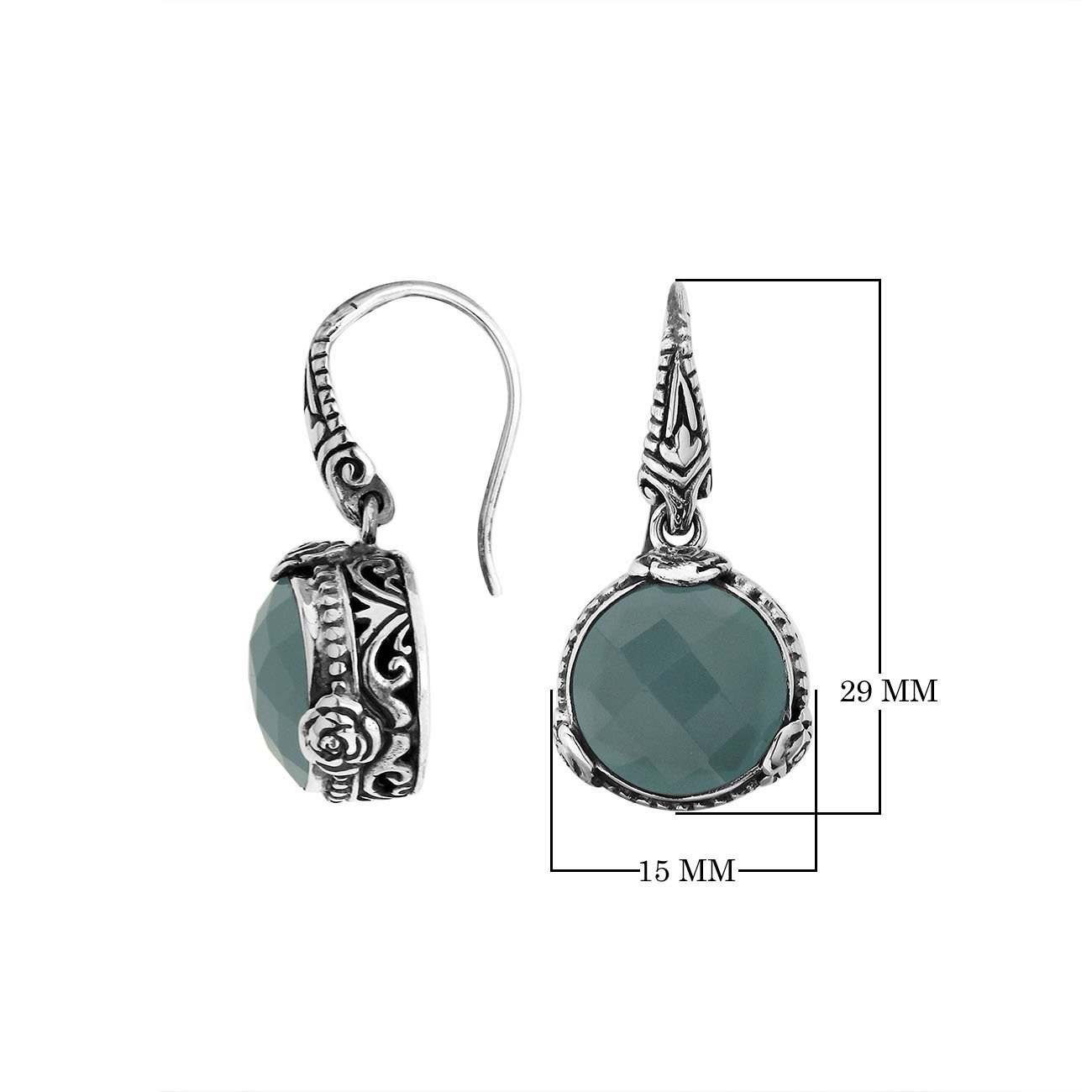 Sterling Silver Blue Chalcedony Quartz earrings with ornate silver frame and Earwire closure.