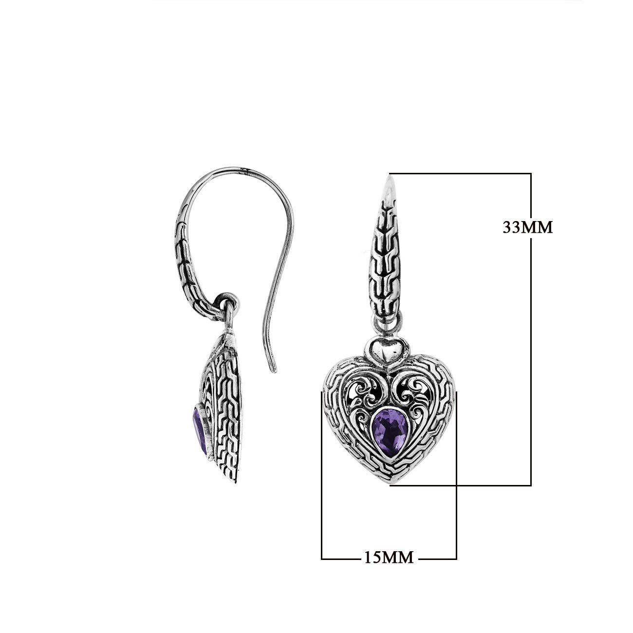 Sterling Silver Amethyst Quartz heart earrings with ornate silver detailing and Earwire closure.