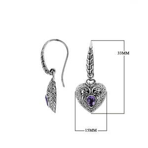 Sterling Silver Amethyst Quartz heart earrings with ornate silver detailing and Earwire closure.