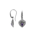 Sterling Silver Amethyst Quartz heart earrings with ornate silver detailing and Earwire closure.