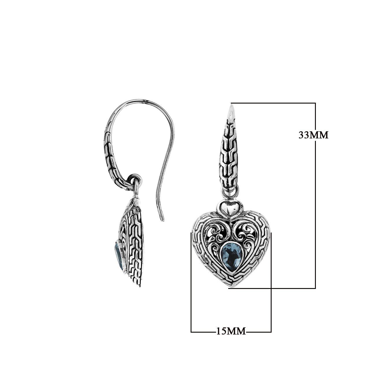 Sterling silver heart drop earrings with Blue Topaz Quartz and filigree design for wholesale collections.