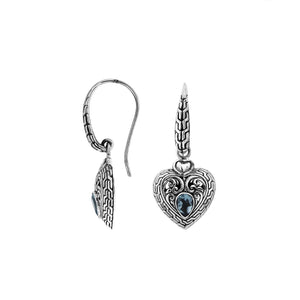 Sterling silver heart drop earrings with Blue Topaz Quartz and filigree design for wholesale collections.