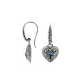 Sterling silver heart drop earrings with Blue Topaz Quartz and filigree design for wholesale collections.