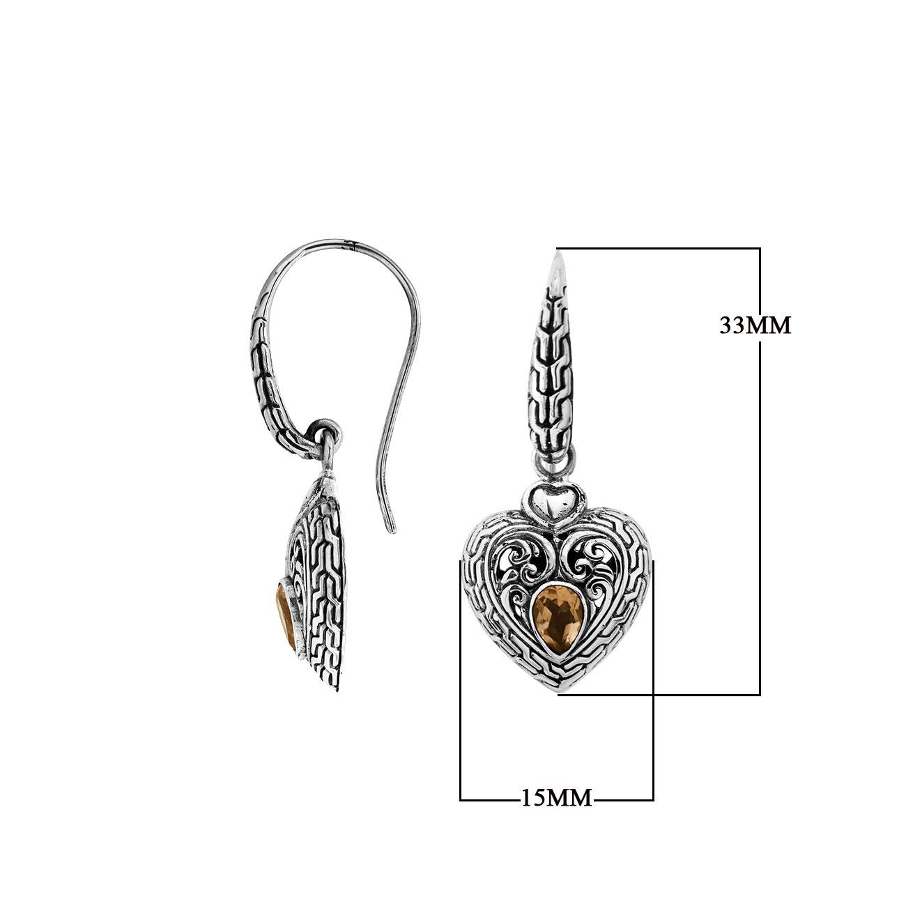 Sterling silver heart earrings with Citrine Quartz and filigree design for wholesale collections.