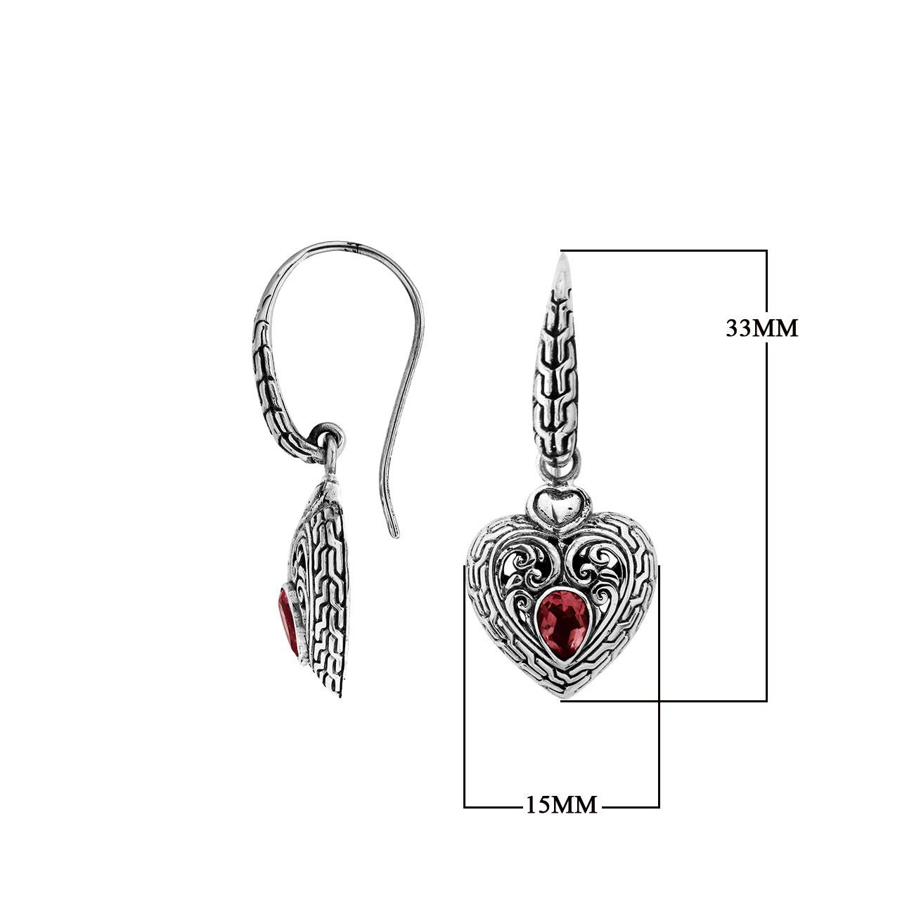Sterling silver heart drop earrings with Garnet Quartz and ornate filigree design for wholesale collections.