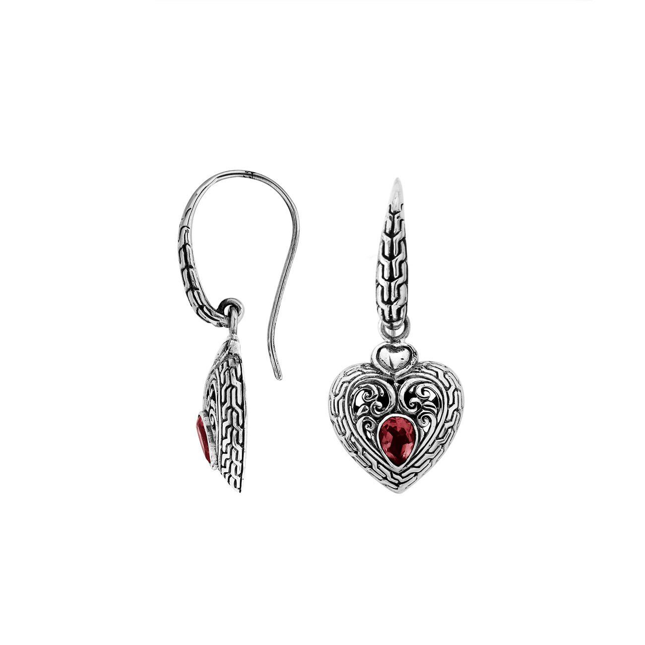 Sterling silver heart drop earrings with Garnet Quartz and ornate filigree design for wholesale collections.