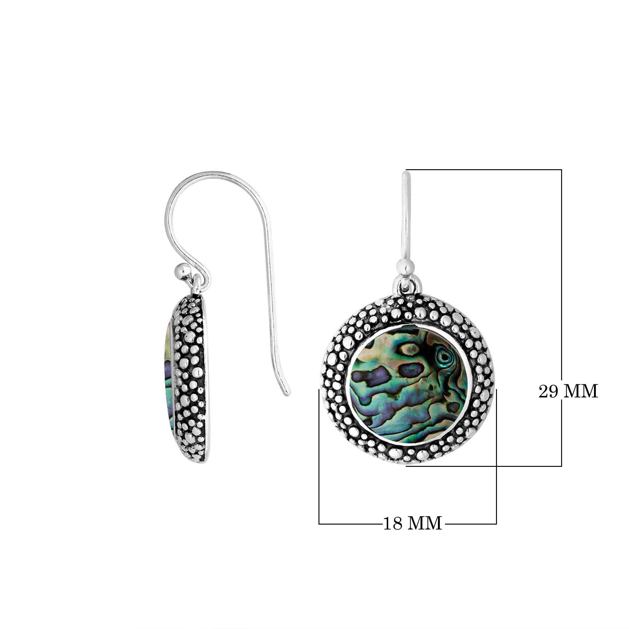 Sterling silver round earrings with Abalone Shell and oxidized dotted border for wholesale collections.